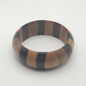 3-Tone Segmented Wood Wide Slip-On Bangle Bracelet Geometric Inlay 6.5in Inner